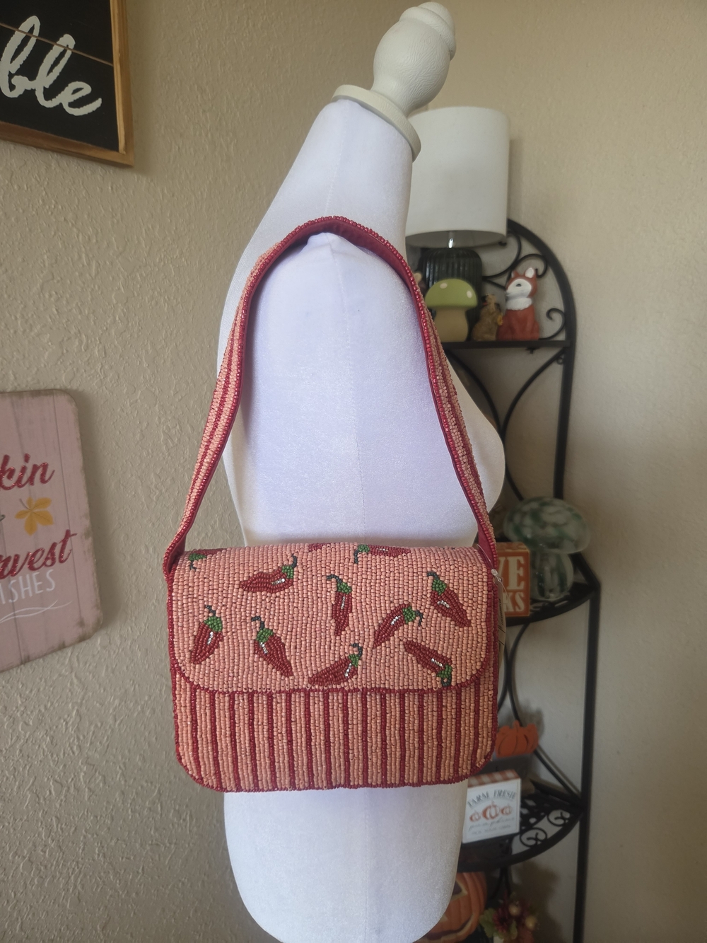 Hand-Beaded Red Chili Motif Shoulder Bag